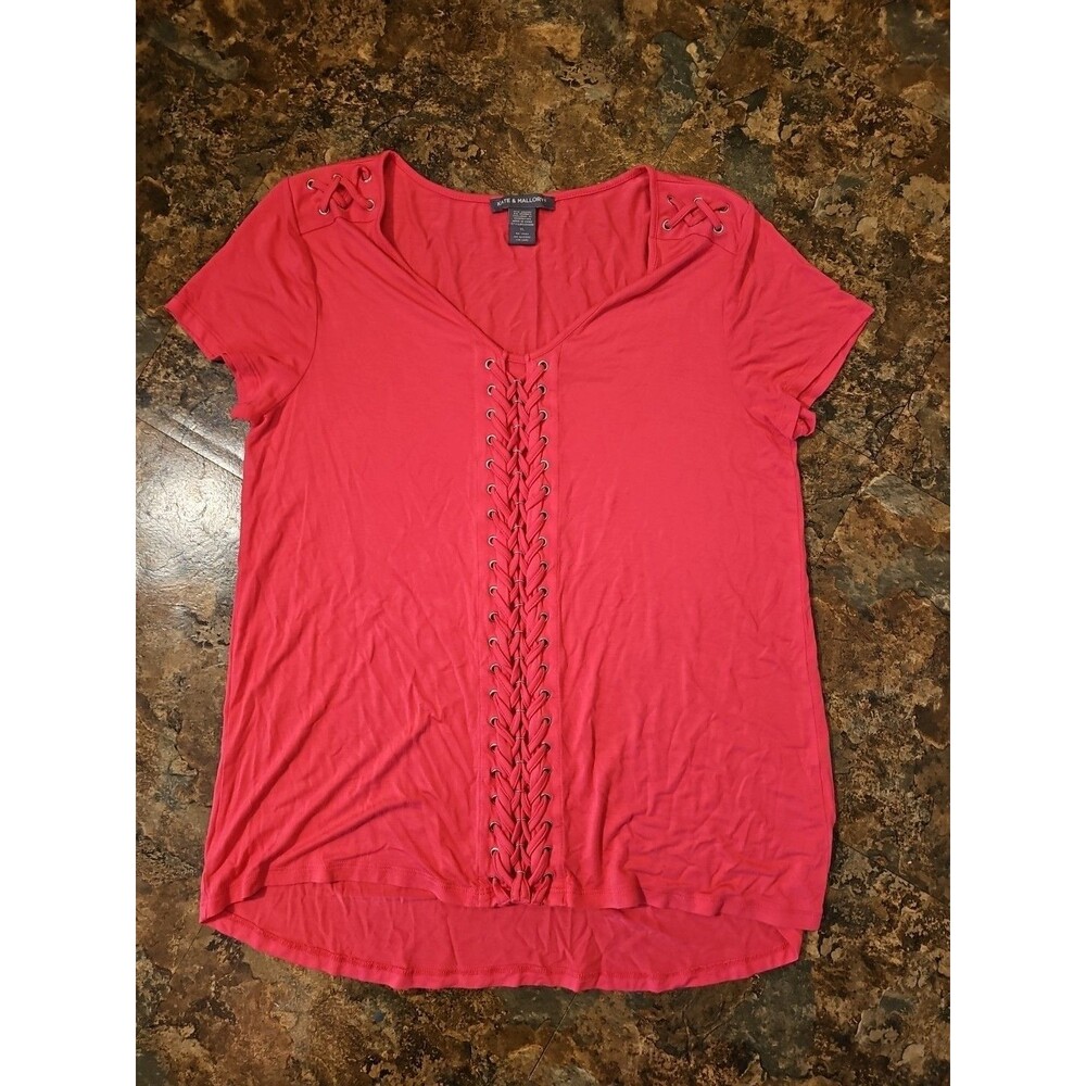 Kate & Mallory Tee Shirt Womens XL Blouse Pink Shie‎ Lace up Design (A131)